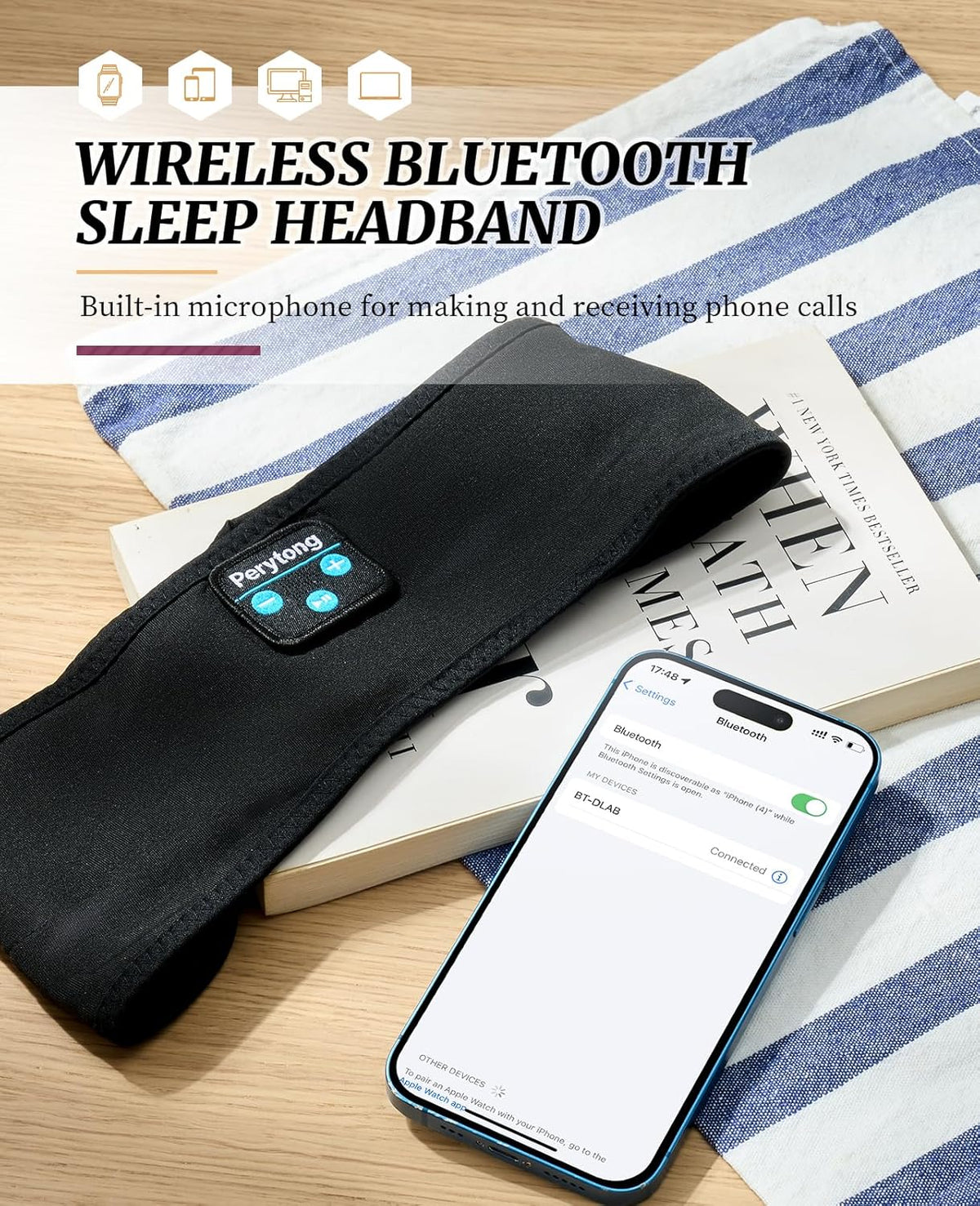 Bluetooth 5.4 Sleep Headphones Headband – Ultra-Thin Wireless Stereo Speakers, 10+ Hour Battery, Washable Sleep Mask for Side Sleepers, Travel & Workouts