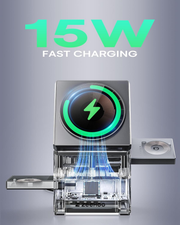 ZEEHOO Qi2 3-in-1 Wireless Charging Station – 15W Magnetic Charger with Auto-Rotating Stand for iPhone, Apple Watch & AirPods
