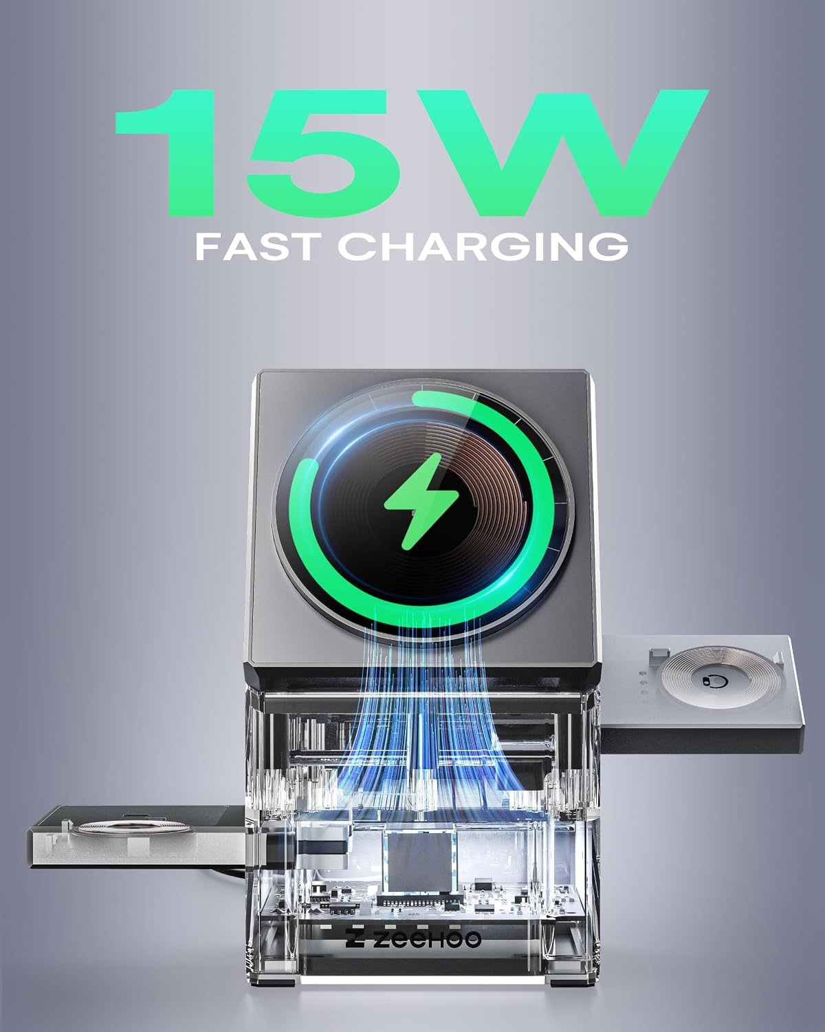 ZEEHOO Qi2 3-in-1 Wireless Charging Station – 15W Magnetic Charger with Auto-Rotating Stand for iPhone, Apple Watch & AirPods