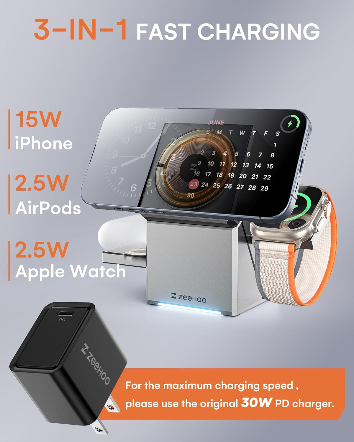 ZEEHOO Qi2 3-in-1 Wireless Charging Station – 15W Magnetic Charger with Auto-Rotating Stand for iPhone, Apple Watch & AirPods