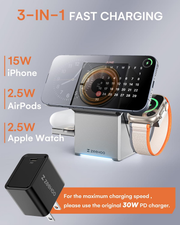 ZEEHOO Qi2 3-in-1 Wireless Charging Station – 15W Magnetic Charger with Auto-Rotating Stand for iPhone, Apple Watch & AirPods