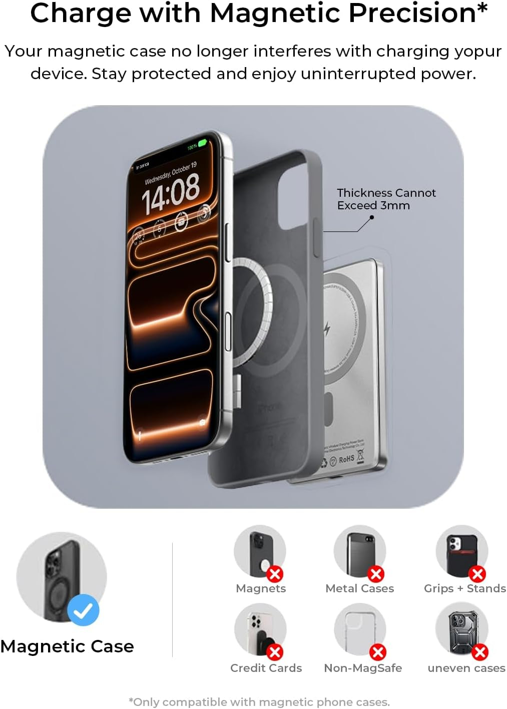 LISEN 10,000mAh Ultra-Slim Magnetic Power Bank for iPhone – 0.55" Portable Wireless Battery Pack, 22.5W USB-C Fast Charging, MagSafe-Compatible – Glacier Gray
