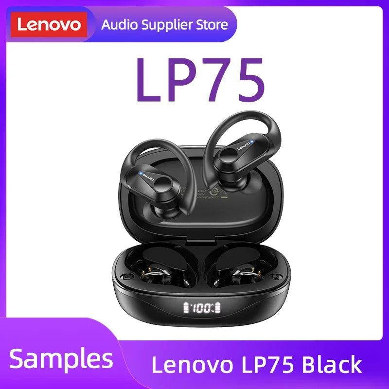 Lenovo LP75 Open-Ear Wireless Earbuds, Bluetooth 5.3 Headphones with Ear Hooks, LED Charging Case, Microphone, IPX5 for Running and Workouts