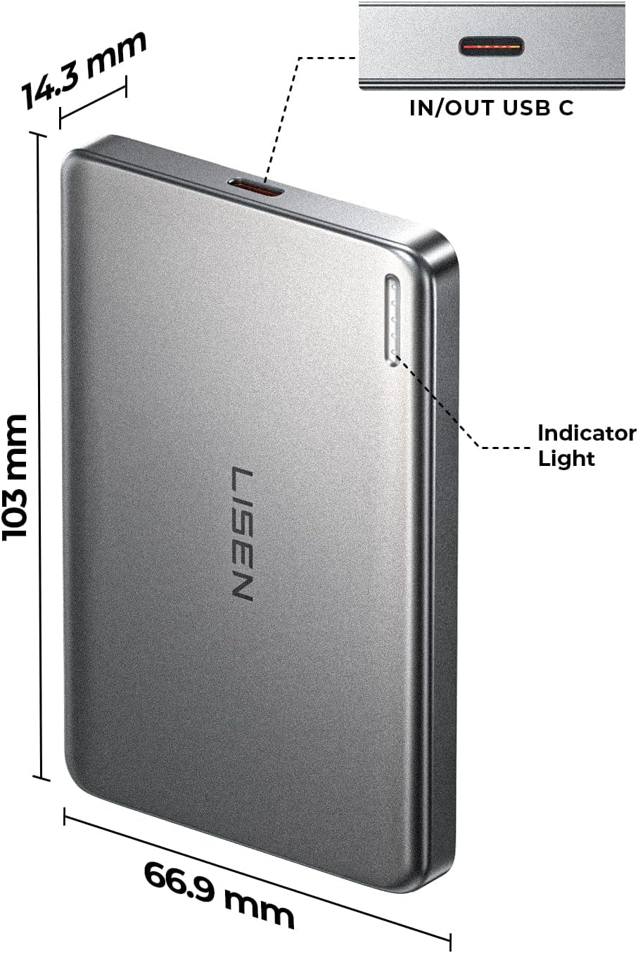 LISEN 10,000mAh Ultra-Slim Magnetic Power Bank for iPhone – 0.55" Portable Wireless Battery Pack, 22.5W USB-C Fast Charging, MagSafe-Compatible – Glacier Gray
