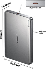 LISEN 10,000mAh Ultra-Slim Magnetic Power Bank for iPhone – 0.55" Portable Wireless Battery Pack, 22.5W USB-C Fast Charging, MagSafe-Compatible – Glacier Gray