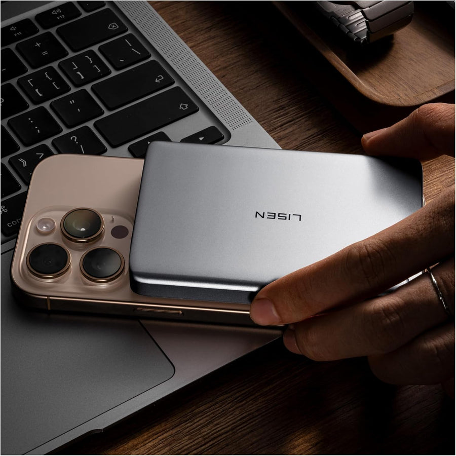 LISEN 10,000mAh Ultra-Slim Magnetic Power Bank for iPhone – 0.55" Portable Wireless Battery Pack, 22.5W USB-C Fast Charging, MagSafe-Compatible – Glacier Gray